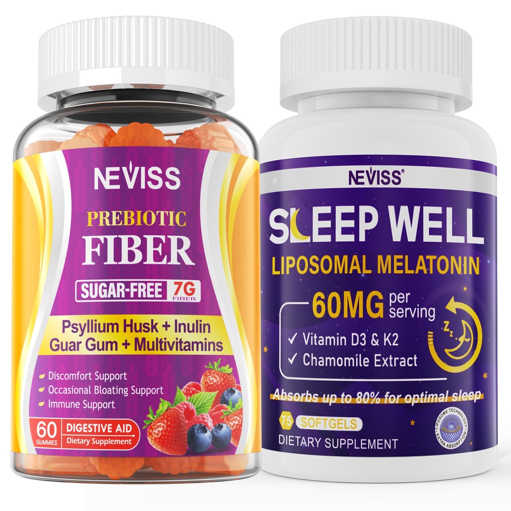 NEVISS Prebiotic Fiber 7G Gummies for voksne + Melatonin 60 mg for voksne Bundle