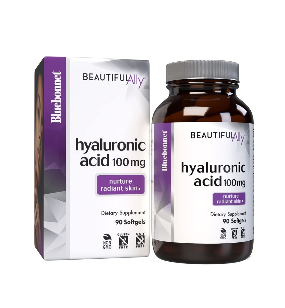 Blåbonnet Ernæring Vakker Ally Hyaluronsyre 100mg, Nurture Radiant Hud*, Ikke-GMO, Glutenfri, Soya-fri, 90 Softgels, 90 Serveringer