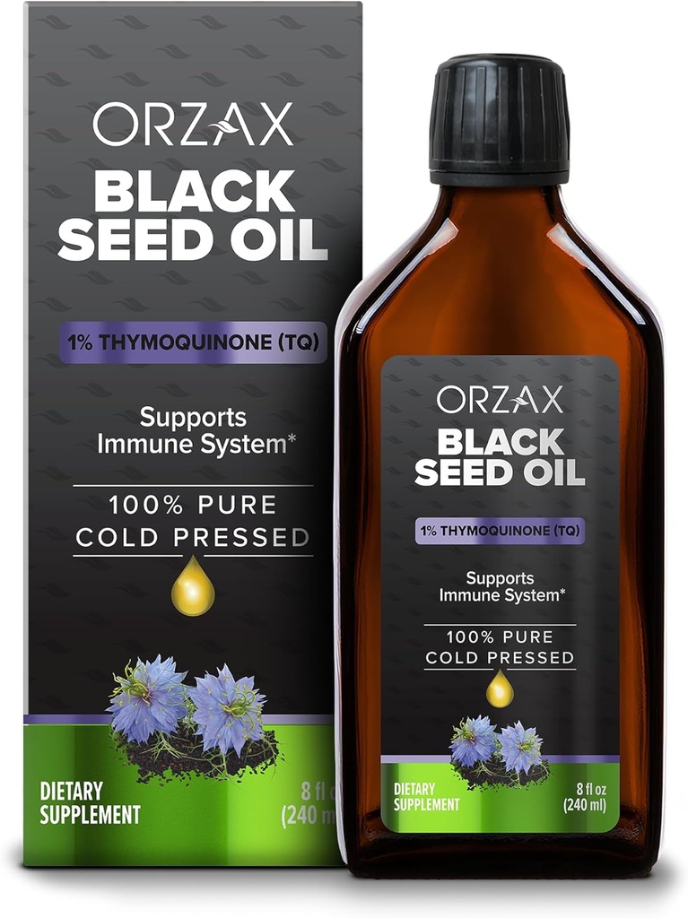 ORZAX Black Seed Oil Liquid (8 fl oz) - Cold Pressed 100% ren | Vegansk, Glutenfri, Ikke-GMO | 5000mg Svart Cumin (Nigella Sativa) Olje med 50mg Tymoquinon | Rik på Omega 3-6-9 | Glassflaske