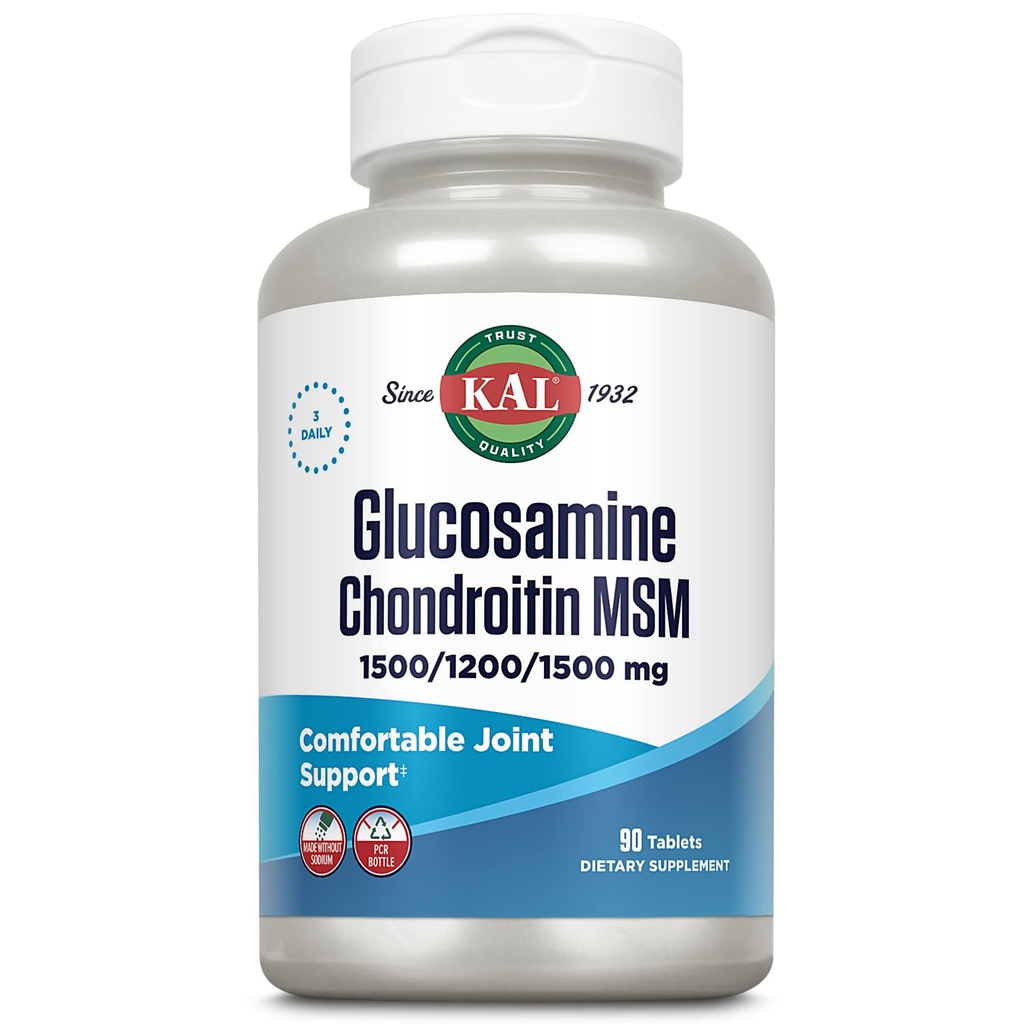 KAL Glucosamine Chondroitin MSM, felles støtte Supplement for kvinner og menn, 1500mg Glucosamine Sulfate, 1200mg Chondroitin, 1500mg MSM, Rapid Disintegrasjon, 60-dagers garanti, 30 serveringer, 90 tabletter