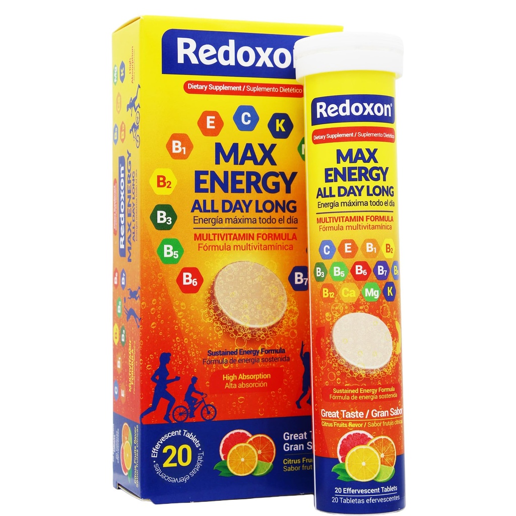 Redoxon Max Energi, hjelper støtte inmune system, Citrus Flavor, 20 Effervecent Tabletter, 2.82 Oz, Box