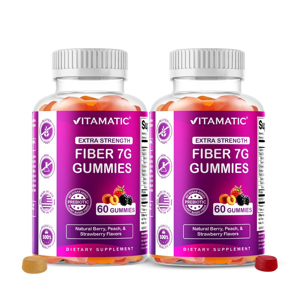 Vitamatic Prebiotic Fiber Gummies for voksne – 2 pakke (Totalt 120 Gummies) 7g Fiber per servering | Ekstra styrke | Zero sukker tilsatt | Pektin-basert | Digestiv helse og regelmessig støtte