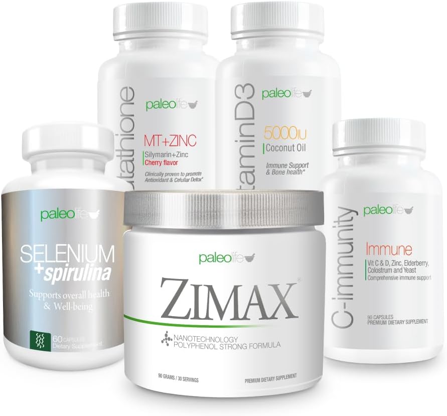Premium Maksimal Forsvarsverdi Kit: Denne 5 Premium kosttilskudd og vitaminer sett Inkluderer: Zimax, Selenium + Spirulina, Glutathione MT + Sink, vitamin D3, og C-Imm.