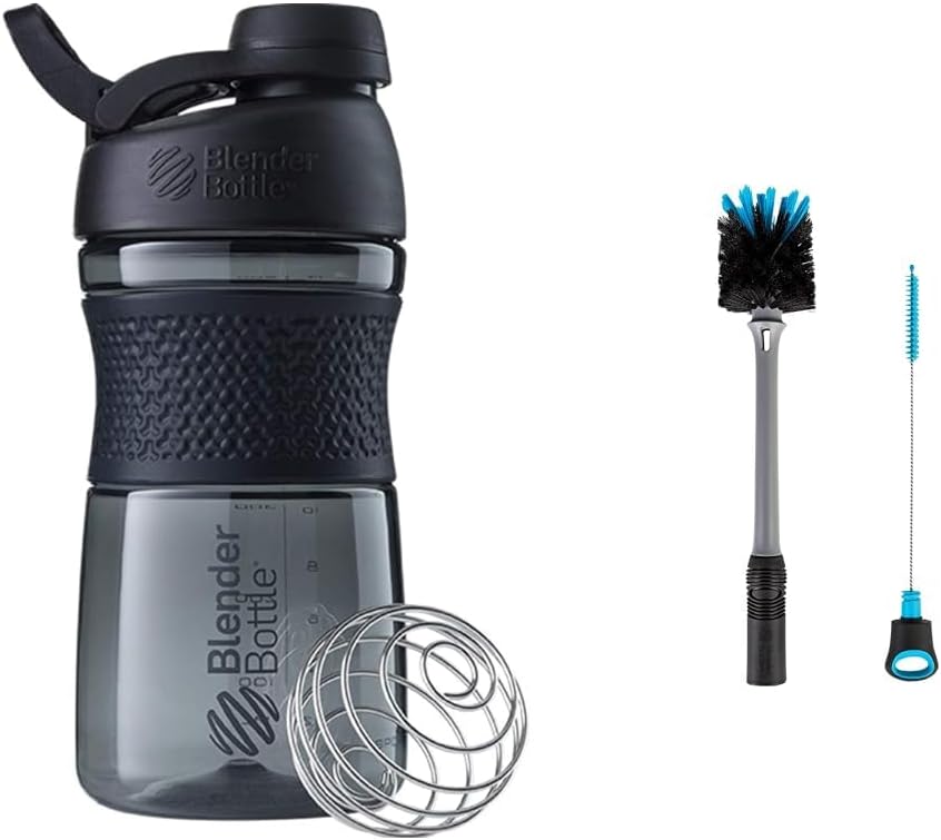 BlenderBottle SportMixer Shaker Flaske Perfekt for proteinshake og pre trening, 20-Ounce, svart & 2-i-1 Shaker flaske og Straw rengjøringsbørste, 1 pakke,Gray