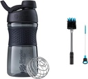BlenderBottle SportMixer Shaker Flaske Perfekt for proteinshake og pre trening, 20-Ounce, svart & 2-i-1 Shaker flaske og Straw rengjøringsbørste, 1 pakke,Gray