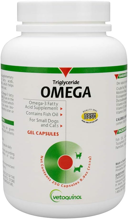 Vetoquinol Triglycerid Omega 3 Supplement for hunder og katter, Fish Oil Supplement med EPA og DHA, fremmer huden, Coat, Joint, and Immune Health, Omega 3 Fiskeolje for hunder og katter opp til 30lbs, 250ct