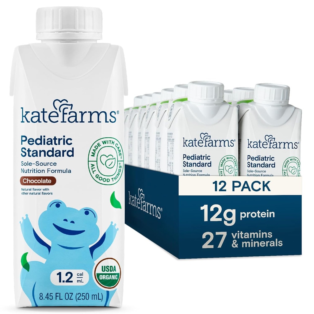 KATE FARMS Organic Pediatric 1,2 høy kalorie sjokolade ernæringshake, 12g protein, 27 vitaminer og mineraler, måltidserstatning, 8.45 oz (12 pakke)