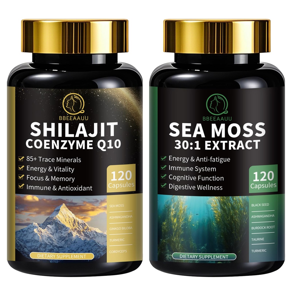 Shilajit for menn, Sea Moss og Shilajit Bundle, Alt i 1 Kosttilskudd med Coenzym Q10, Black Seed, Ashwagandha, Taurin, Burdock for energi, utholdenhet, antioksidant og immun støtte, 240 Kapsler