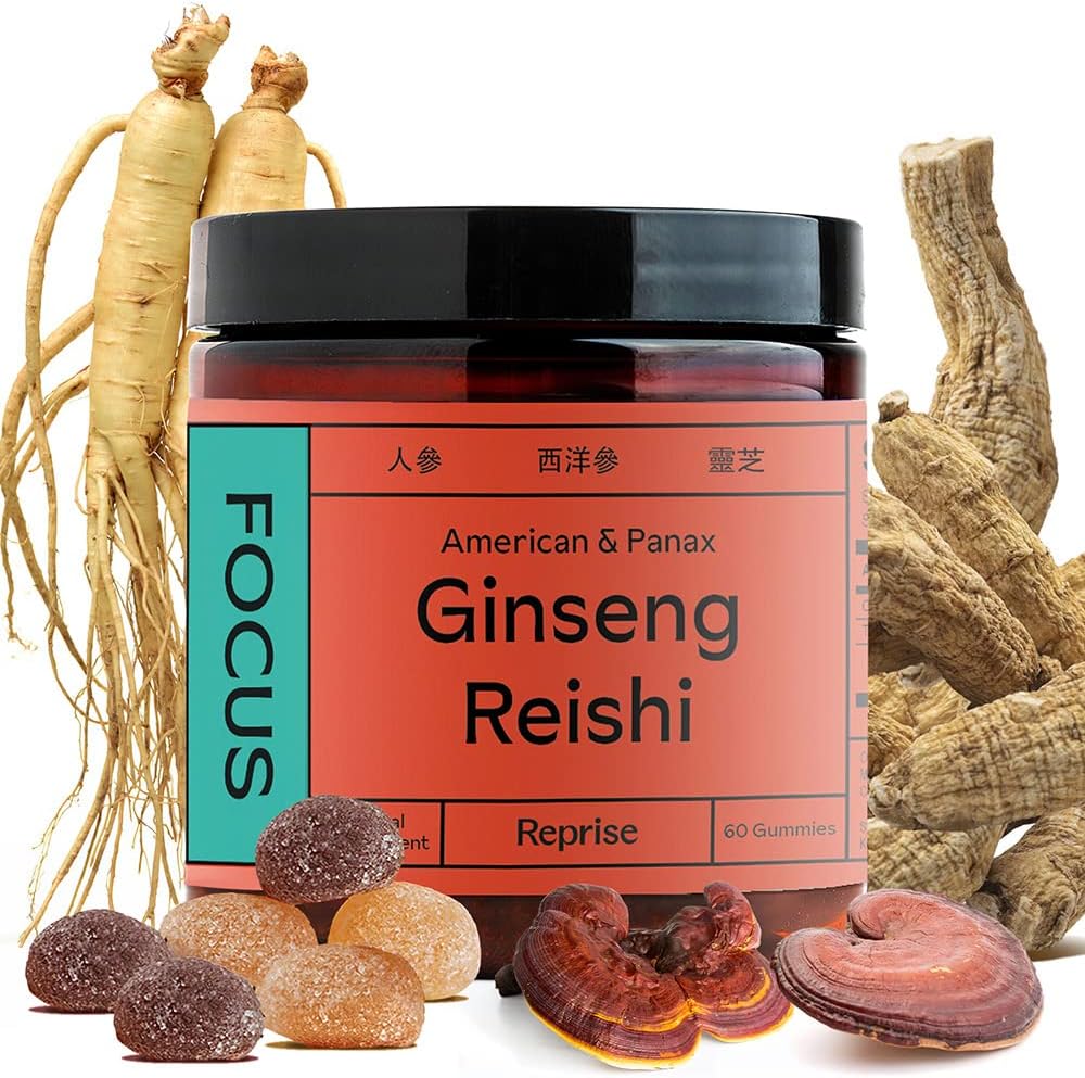 Fokus Gummier med amerikansk Ginseng, koreansk Panax Ginseng & Reishi Extract - Hjelper til å støtte energi og humør, Vegan, Lavsugar, 60 Gummies, Pineapple, Loquat & Strawberry Flavor