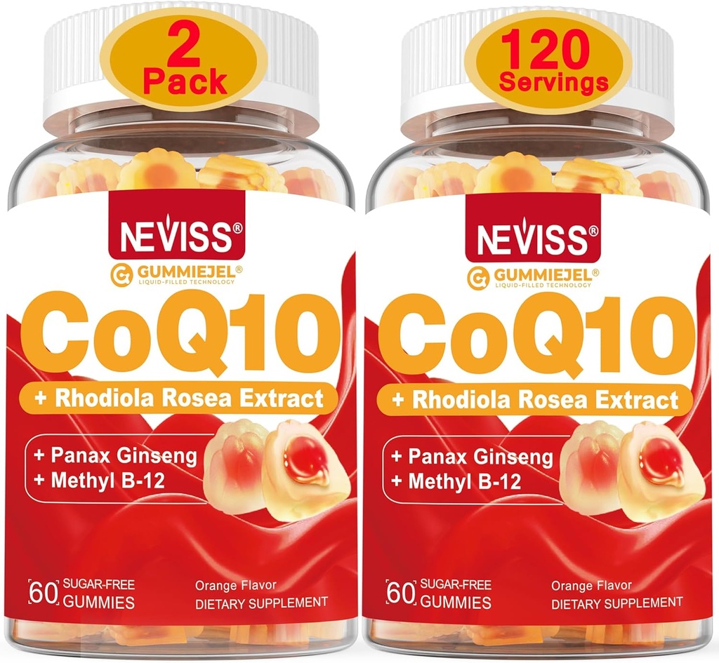 NEVISS Sukker Gratis CoQ10 Fyllt Gummies med vitamin B12 1000mcg, Rhodiola Rosea og Panax Ginseng Extract, vitamin B6, Coenzym Q10 Supplement, 2 pakke
