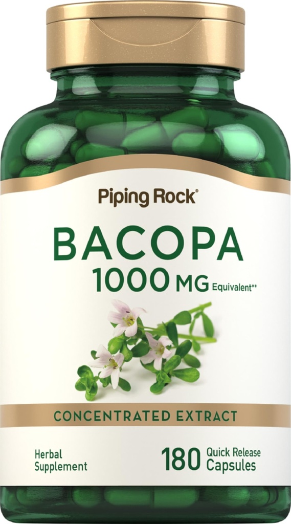 Piping Rock Bacopa Monnieri Supplement 1000 mg | 180 kapsler | Herbal ekstrakt |Non-GMO & Glutenfri