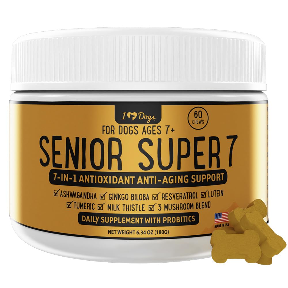 iHeartDogs Senior Super 7 Daily Dog Multivitamin - 7-i-1 vitamin for hunder støtter antioksidanter, probiotika, løvemane, Tyrkia Tail, & Ashwagandha for langvarighet og kognitiv boost
