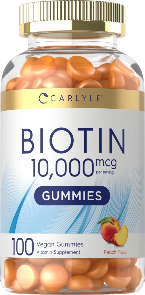 Carlyle Biotin 10000mcg Gummies | 100 Count | Peach Flavor Supplement | Vegan, Ikke-GMO, Glutenfri