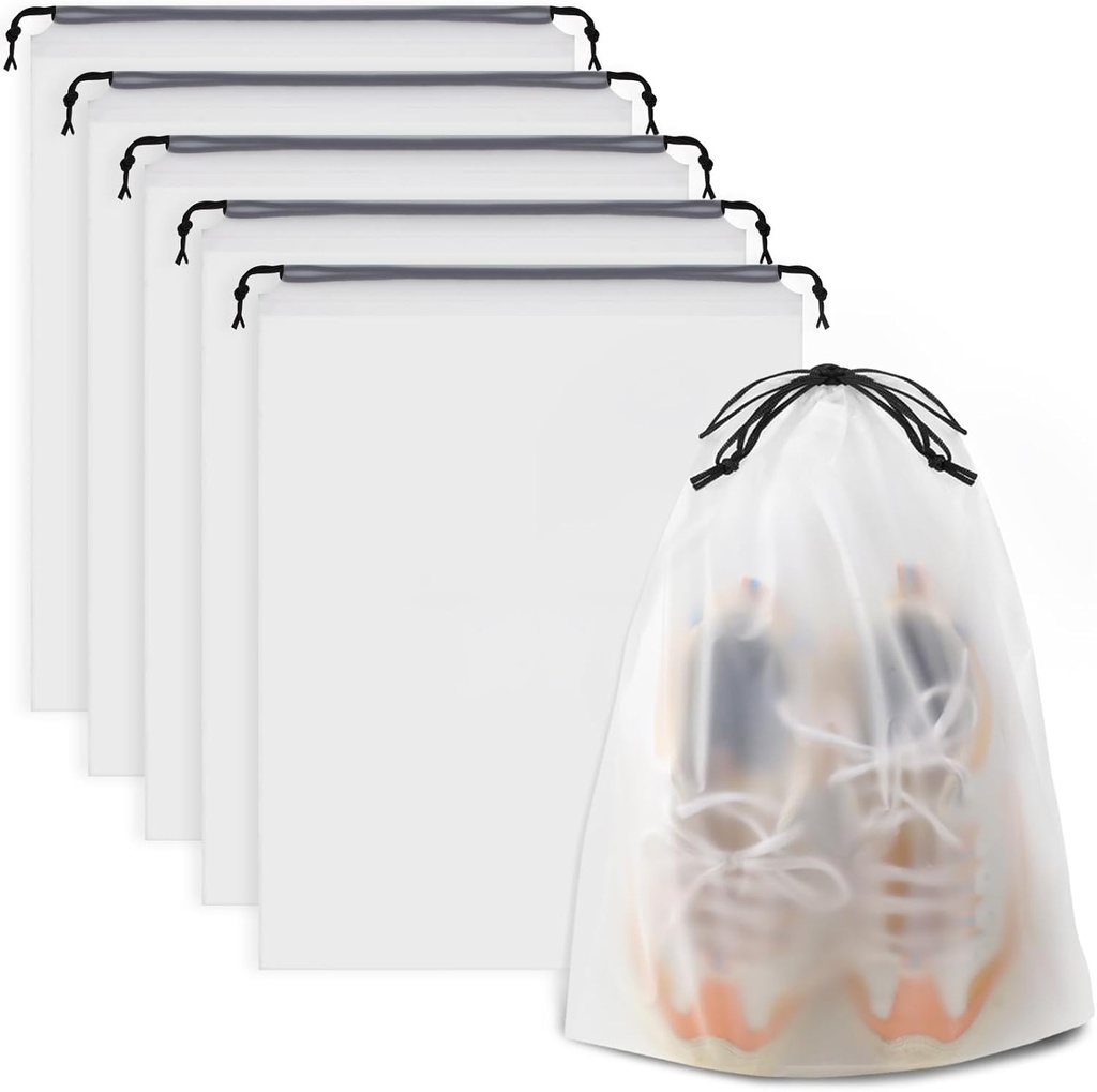 Vanntett reise Drawstring sko poser for pakking, lagring, reise Essentials for menn og kvinner, 15,7 x 11,8 inches, Clear, 5 stykker
