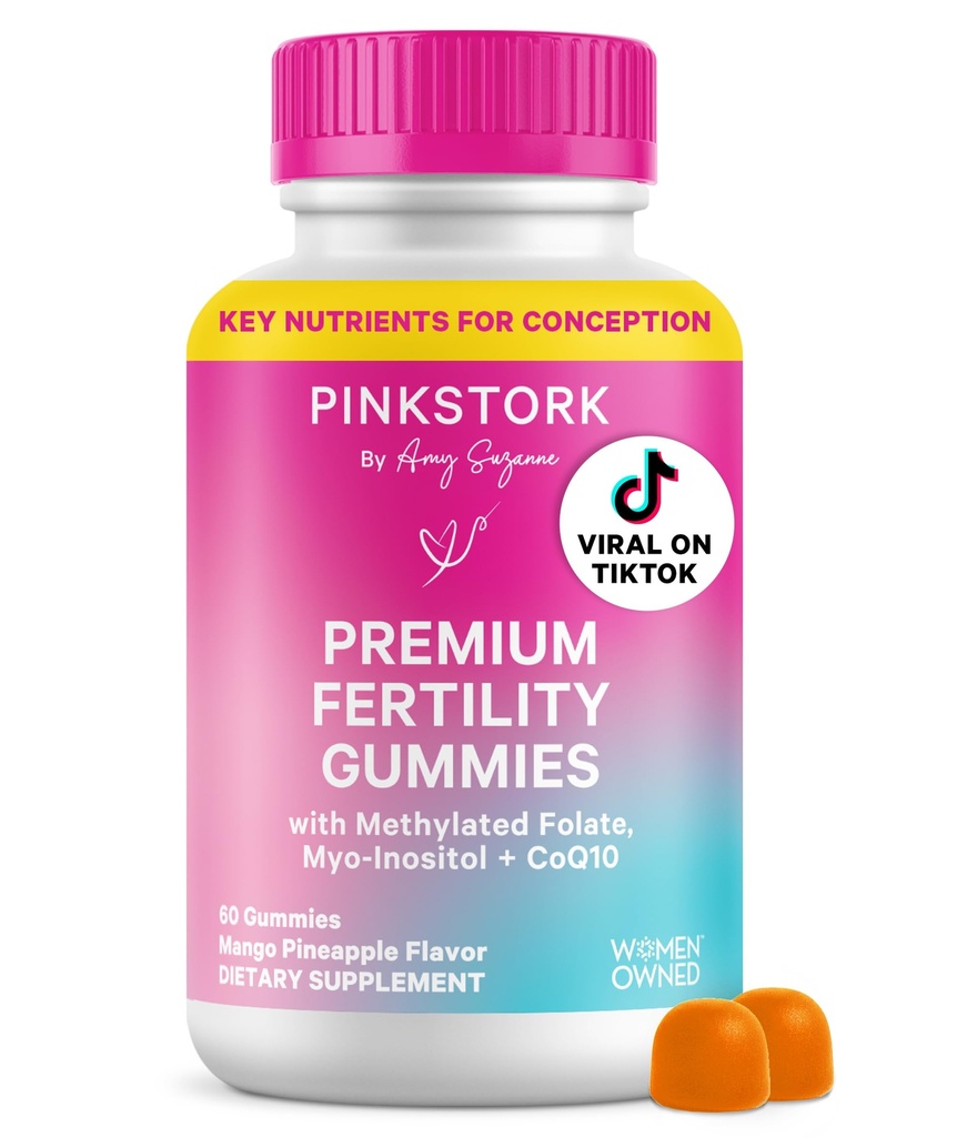 Pink Stork Fertilitet Gummies for kvinner – Pineapple Mango Flavor, konseptstøtte med Myo-Inositol, CoQ10, Folat, Sink, Vitamin D, B6, B12 – Hormonell og reproduktiv helse Supplement – 60 Gummies
