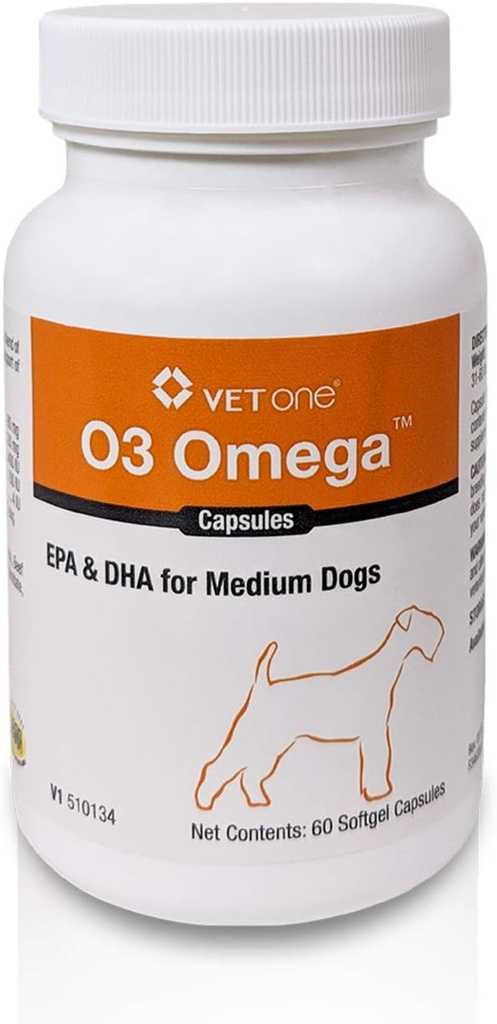 VetOne O3 Omega Soft Gel for medium hunder - essensiell fettsyre støtte - Hud & Coat Supplement - 60 kapsler