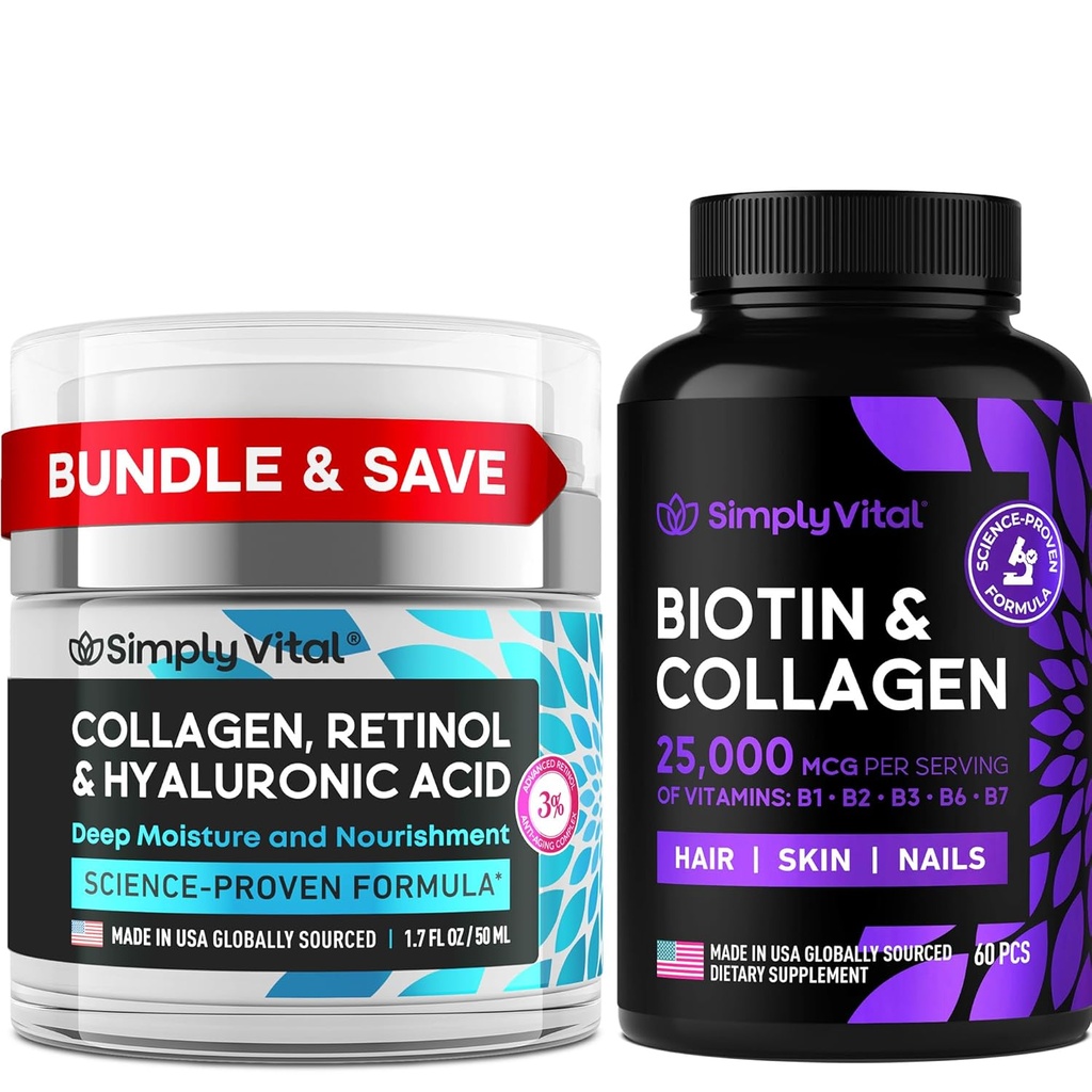 EnkeltVital Biotin, Collagen & Retinol Bundle – 5000mcg Biotin for hår, hud og negler + Anti-Aging Retinol & Hyaluronsyrekrem for ansikt, neck & Décolleté – laget i USA