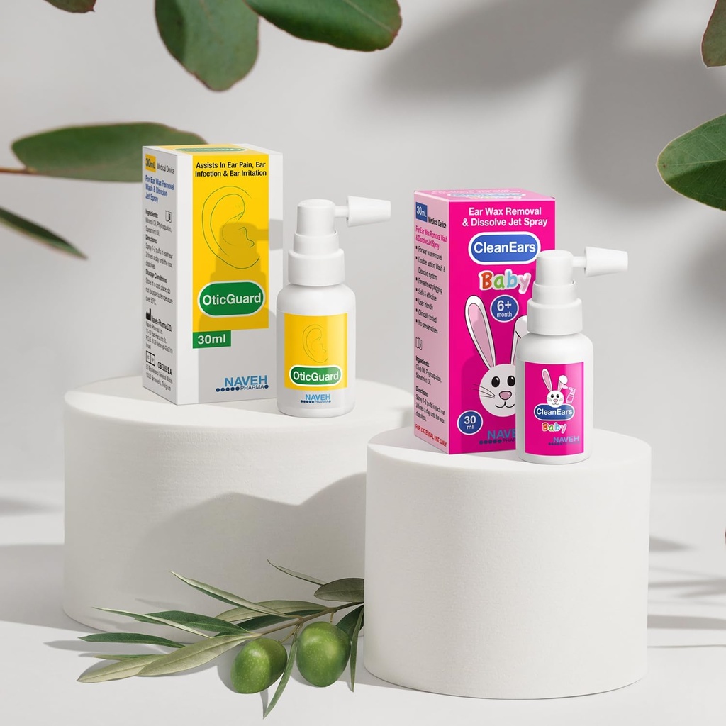 NAVEH PHARMA CleanEars Baby ørevoks fjerning Spray 1 Fl Oz + 1 enhet av NAVEH PHARMA Otic Guard øre infeksjon Spray 1 Fl Oz