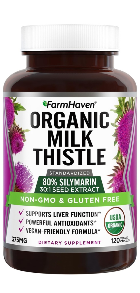 FarmHaven USDA Organic Milk Thistle Capsules | 30X Konsentrert frøekstrakt & 80% Silymarin Standardisert - Støtter leverfunksjon og generell helse | Ikke-GMO | 120 Vegankapsler