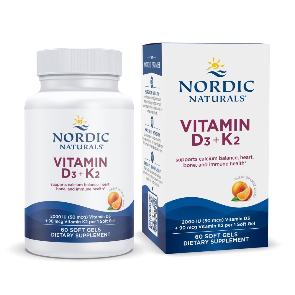 Nordic Naturals vitamin D3 + K2, Orange Smak - 60 Soft Gels - Synergistisk støtte for bein, immunfunksjon og kalsiumbalanse - Non-GMO - 60 Services