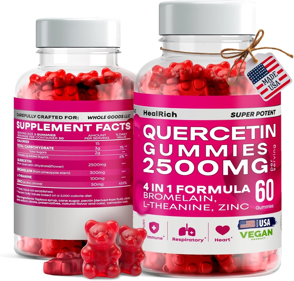 Quercetin Gummies - 2500MG med Bromelain, L-Theanine & Sink Vegansk immunstøtte Supplement for barn og voksne - Allergi Relief & Lung Health