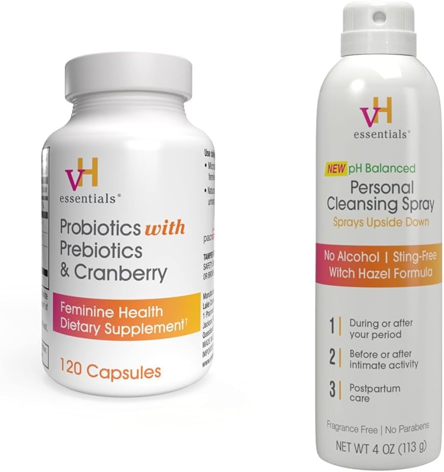 vH essensielt Probiotika med prebiotika og Cranberry Feminine Helse Supplement - 120 Kapsler og personlig rengjøring Spray Bundle