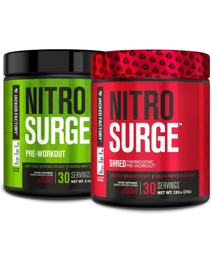 Jacked Factory Nitrosurge Pre-Workout i svart Cherry & svart Cherry Nitrosurge Shred Thermogenic Pre-Workout for menn og kvinner