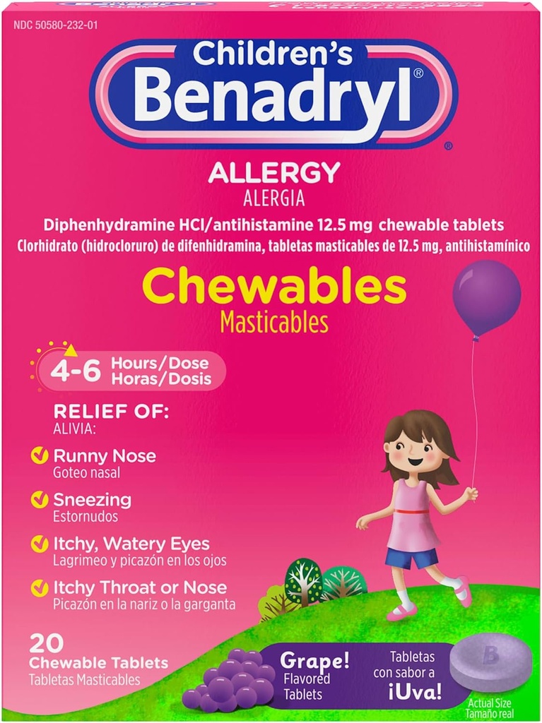 Benadryl Barns Allergi medisin Chewables med Diphenhydramine HCl, Chewable Kids' Antihistamine Tabletter for lindring av Allergi symptomer som Sneezing & kløe øyne, Grape Flavor, 20 ct
