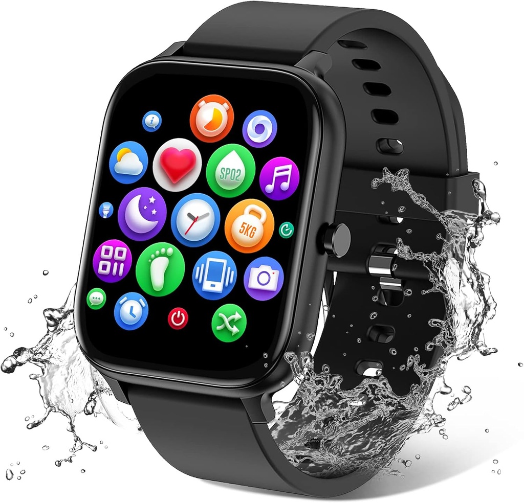 Smart Klokke for menn kvinner Kompatibel med iPhone Samsung Android Phone 1,83 tommers full berøringsskjerm IP68 vanntett Bluetooh Fitness Tracker hjertefrekvens / Sleep Monitor, svart