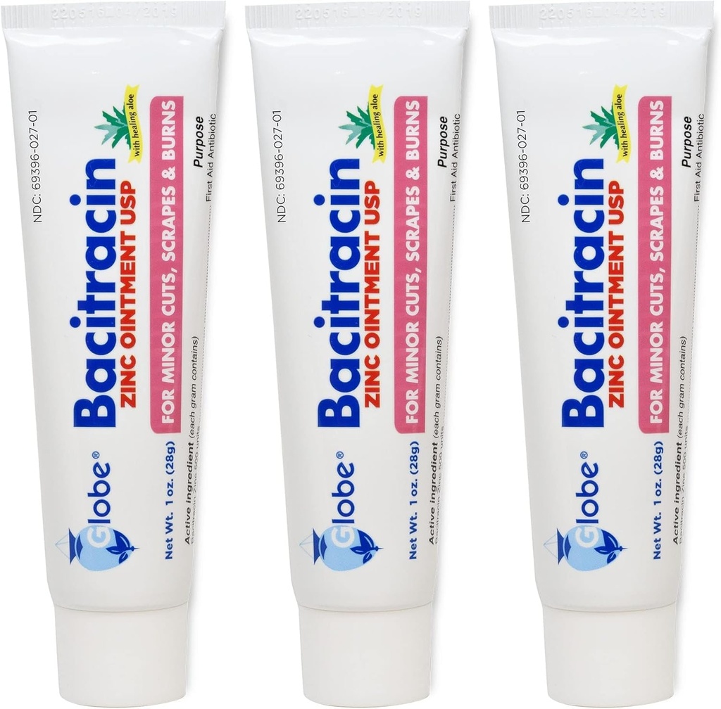 Globe (3 Pack) Bacitracin Sink Ointment + Aloe 1oz - Maksimal styrke antibiotika for sår healing - Topisk medisinert løsning for kutt, Burns, Scrapes - Hudinfeksjon og førstehjelp Essentials