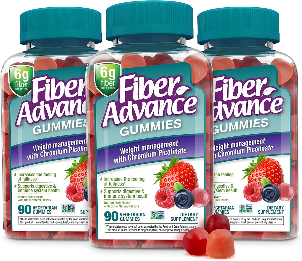 Fiber Advance Weight Management Gummies 100% Plant Basert Fiber For Digestive Wellness og Gut Helse | Chromium Picolinate For Weight Management Support (3-Pack)