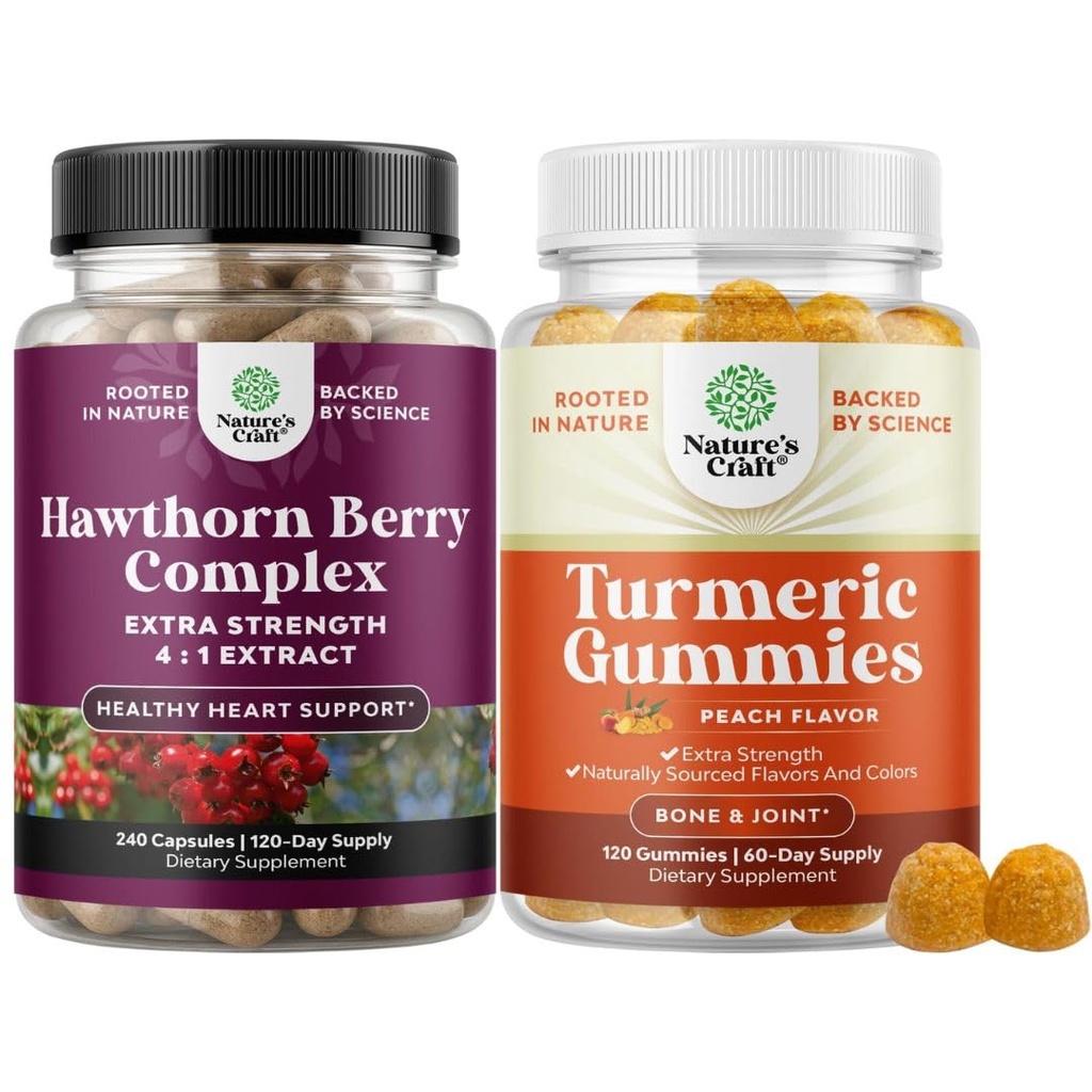 Bundle av ekstra styrke Hawthorn Berry Capsules - Extract Digestion and Heart Health Supplement og gummier for voksne Peach Flavor - Ekstra styrke felles støtte Gummies