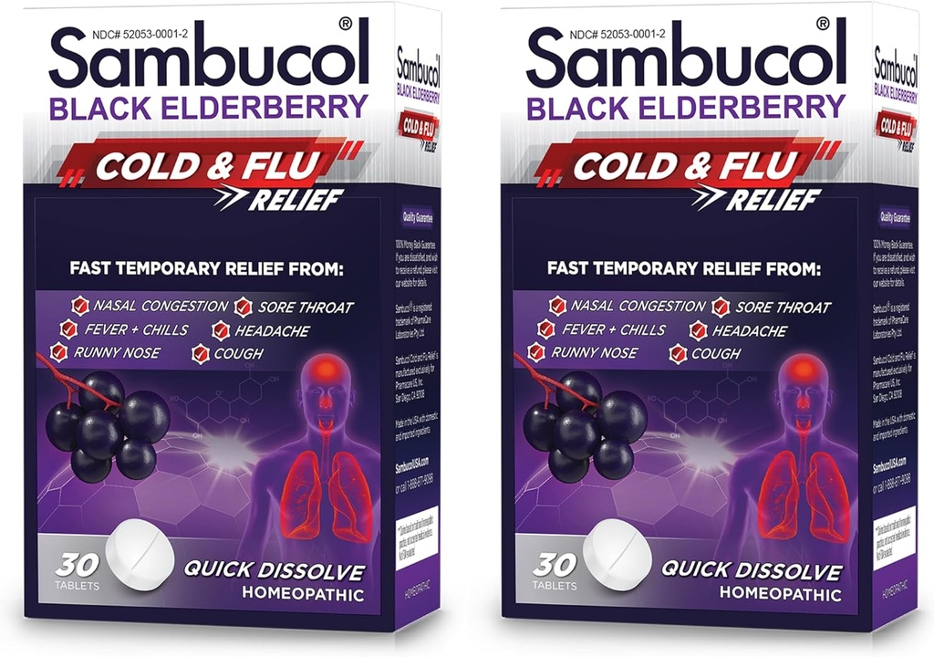 Sambucol kold og influensa relief tabletter - Homeopatisk kald medisin, Nasal & Sinus Congestion Relief, Bruk for Runny Nese, Kjøkken, Cold Remedy for voksne - Black Elderberry, 30 Count, 2-Pack