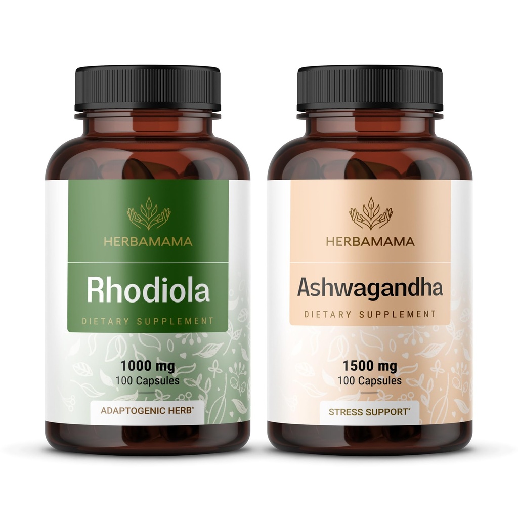 HERBAMAMA Rhodiola Rosea og Ashwagandha Kit - Bundle på 1000 mg Rhodiola Rosea Kapsler &1500 mg Ashwagandha Root Capsules - Vegansk, ikke-GMO, Gelatin-fri - 2 Pack