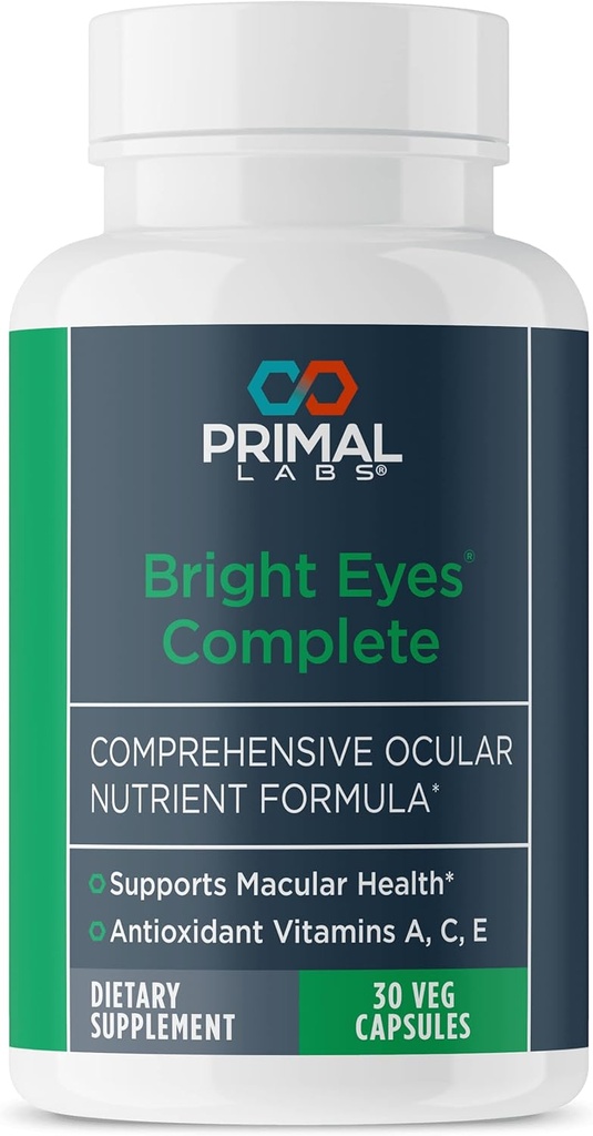 Primal Helse Bright Eyes Complete - Okular & Macular Health - Clear Vision - Lutein & Zeaxanthin Formula - Sunn Eyesight - Relieves Eye Strain fra blått lys - Diett Supplement - 30 Kapsler