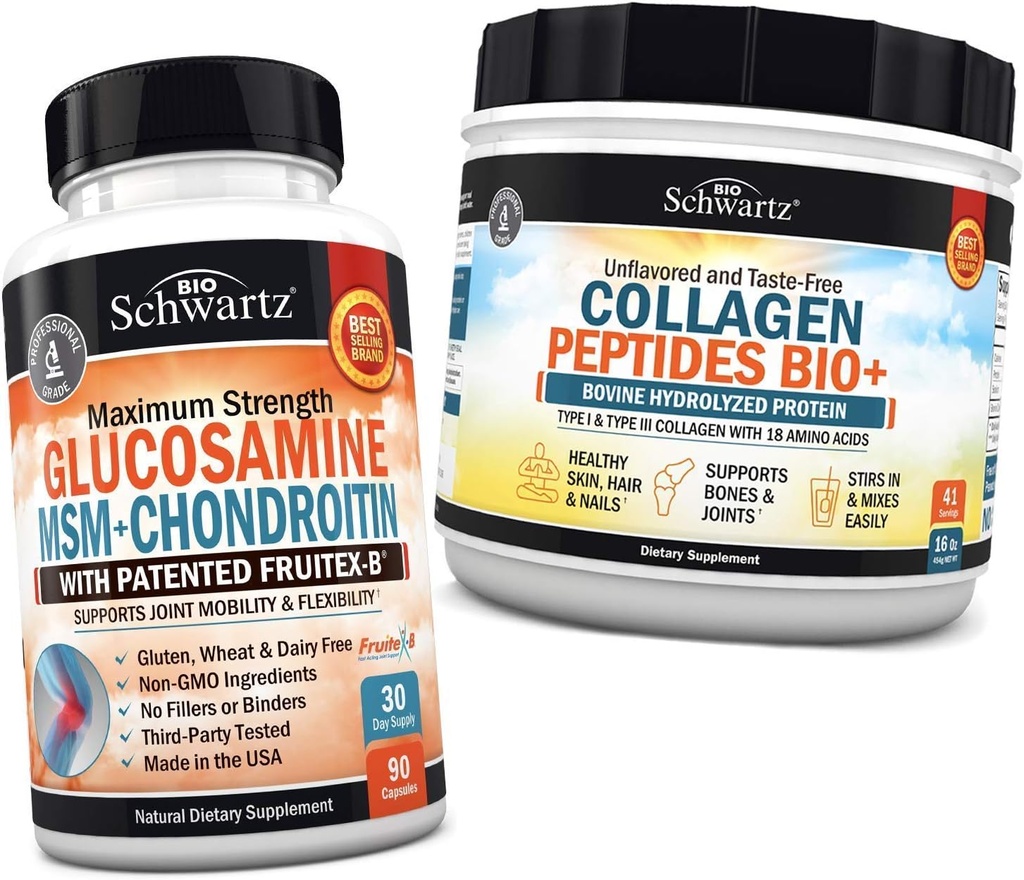 BioSchwartz Glukosamine Chondroitin MSM + Collagen Peptides pulver - sunn bein & felles støtte - fremmer fleksibilitet og støtte Cartilage