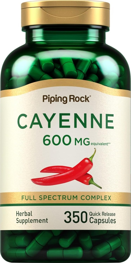 Piping Rock Cayenne Pepper Capsules | 600mg | 350 Count | Konsentrert Ekstrakt Supplement | Ikke-GMO, Glutenfri