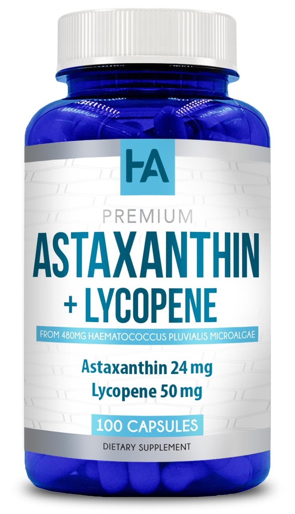 Astaxanthin og Lycopen Supplement | Lycopen 50mg Plus Astaxanthin 24mg karotenoider Supplement for Tanning Hudpleie Visjon & hjerte helse støtte | Vegan & Ikke-GMO (100 Veggie kapsler)