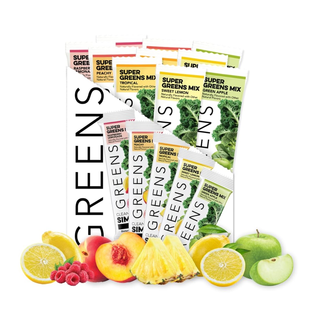 Ren enkel spiss Grønne Variety 10 Pack, Grønne pulverblanding, pakket med Superfoods Klorella & Spirulina, inneholder 5 Delicious Flavors: Peachy, Grønn Apple, bringebær lemonade, søt sitron & tropisk