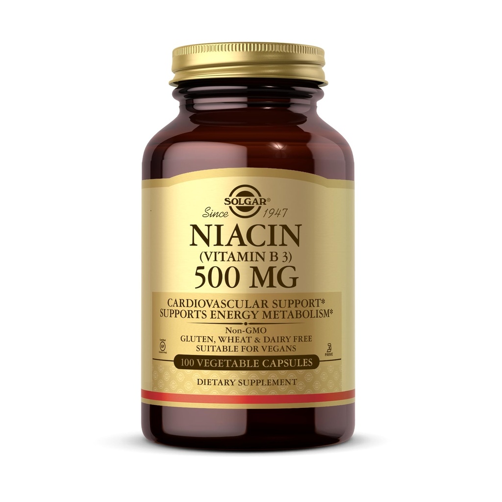 Solgar Niacin (Vitamin B3) 500 mg, 100 Grønnsaker Kapsler - Energimetabolisme - Ikke-GMO, Vegan, Glutenfri, Dairy Free, Kosher - 100 Serveringer