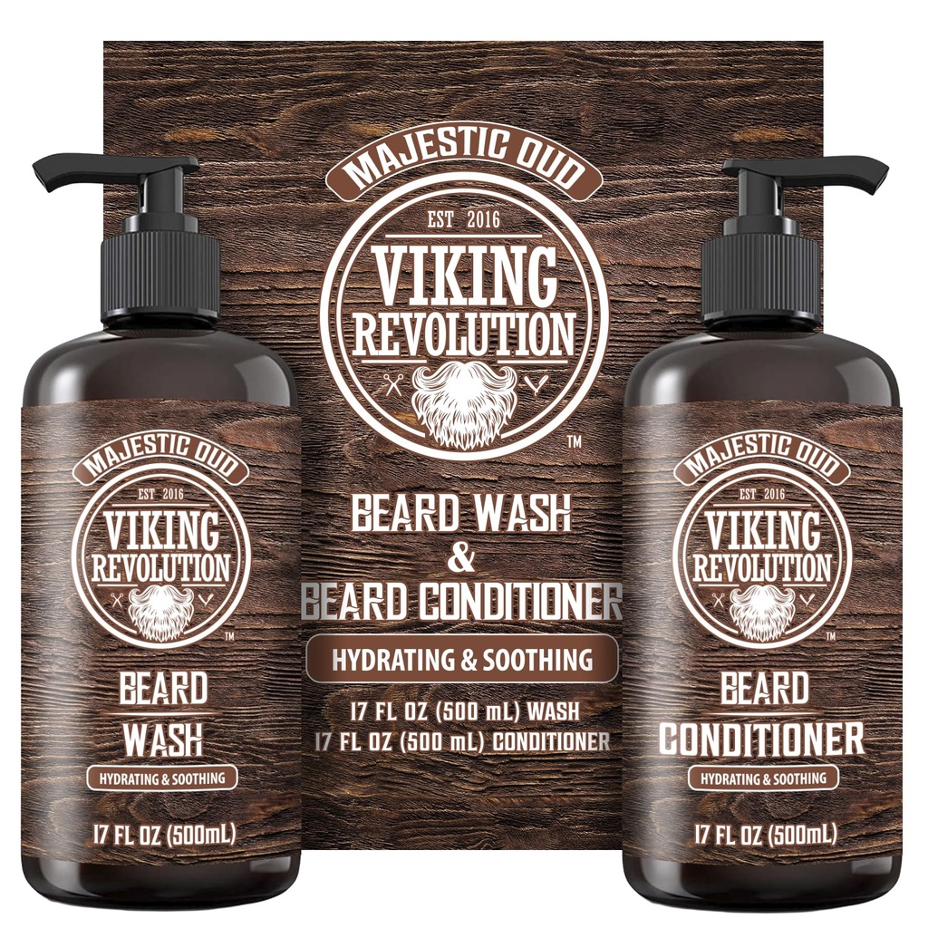 Vikingrevolusjon Skjegg Vaske og Skjegg balsam for menn med Argan Olje og Jojoba Olje - Beard Softener og styrke Beard Care Beard Shampoo og balsam med Beard Oil (17oz, Majestic Oud)
