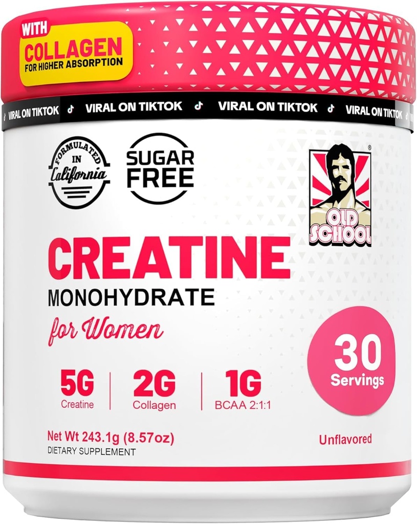 Old School Labs Kreatine for kvinner – Post-Workout Supplement med 5000mg Kreatin Monohydrat pulver, 2000mg Collage & BCAA 2:1:1 for styrke støtte og gjenoppretting – uovertruffen - 8,57 Ounce (Pack of 1)