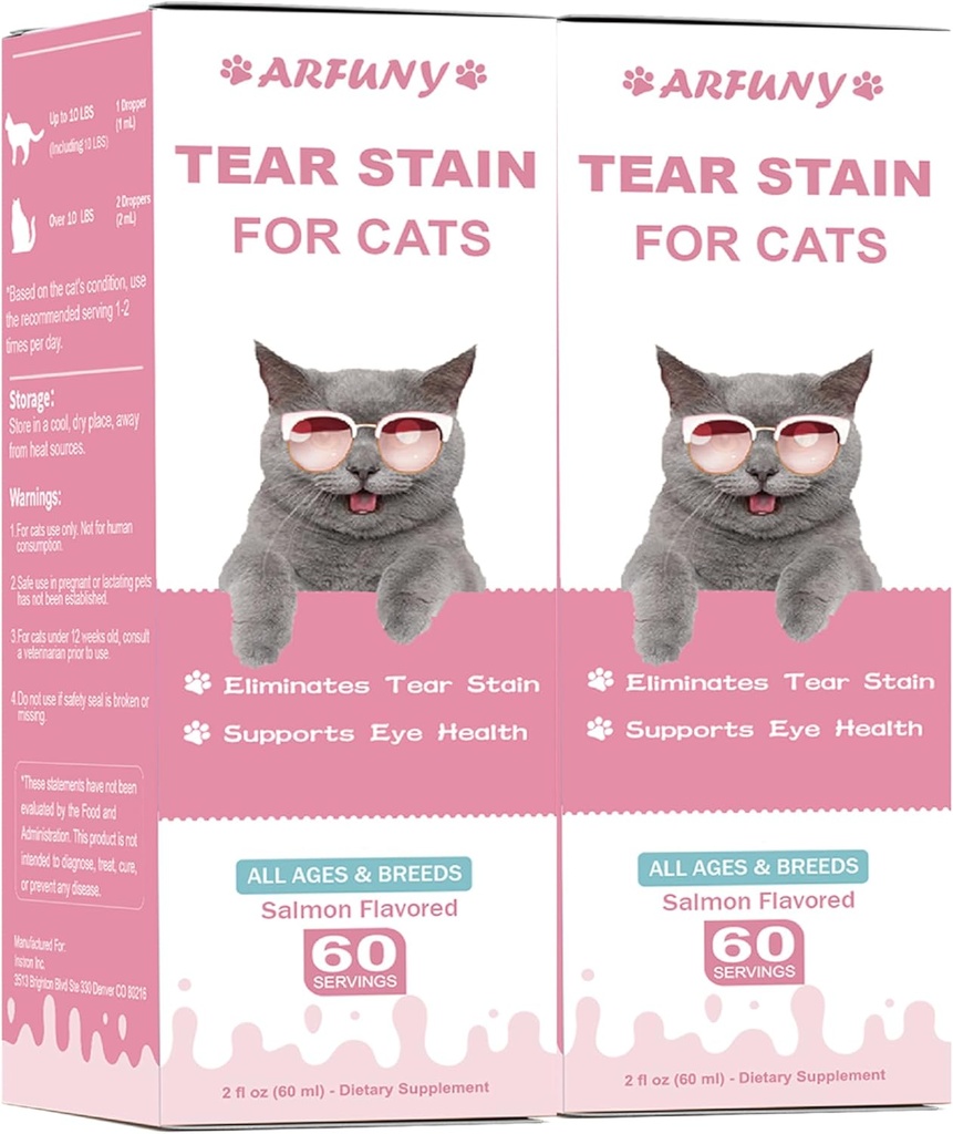 2 Pakker Tear Stain Supplement for katt - Forhindre og eliminere katter Tear Stains - 60ML Cat Tear Stain Remover Drops for øyehelse, immunsystem - med Cranberry, Marshmallow og vitaminer - Salmon