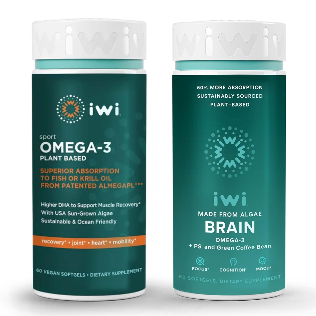 iwi Omega-3 Sport & Brain Omega-3 Bundle, 30 serveringer, Vegan Plant-basert Algae Omega 3 med EPA + DHA, Krill & Fish Oil Alternative, Ingen fiskig ettersmak