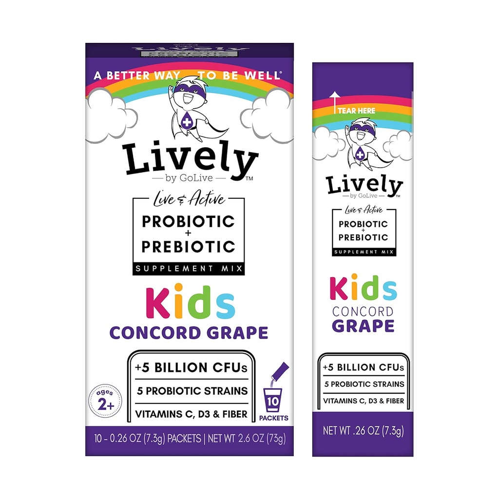 Levende (ved GoLive) KIDS CONCORD GRAPE Synbiotika (Probiotika+Prebiotika); 5 kliniske strenger; +5 milliarder CFU. Probiotika og prebiotika KIDS for digestion, metabolisme, immunisme. (10 Pakker)