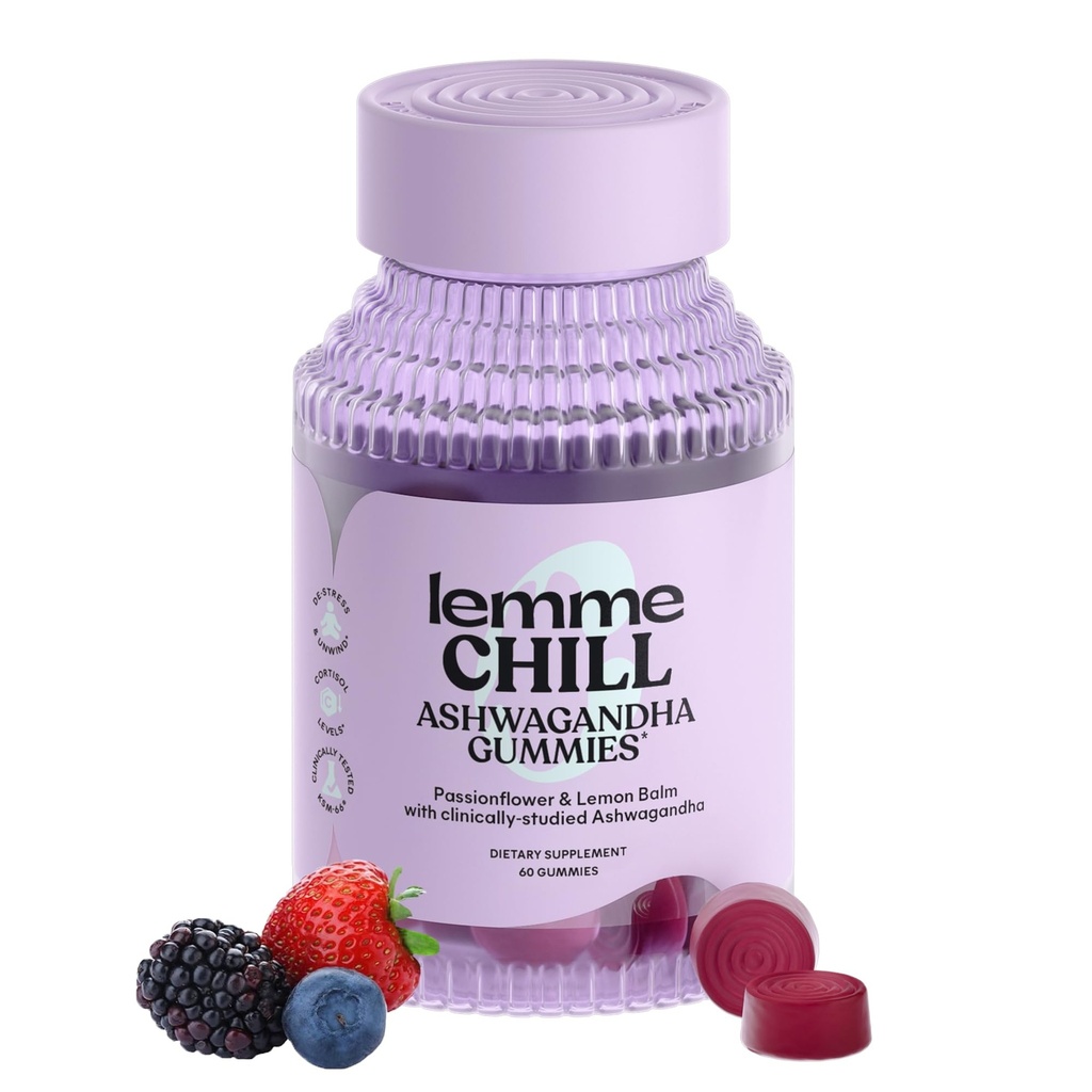 Lemme Chill Stress Relief Gummies med 300mg KSM-66 Ashwagandha, Lemon Balm, Passionflower & Goji til støtte avslapning, sunne kortisol & søvn - Glutenfri, ikke-GMO, Blandet Berry (60 greve)