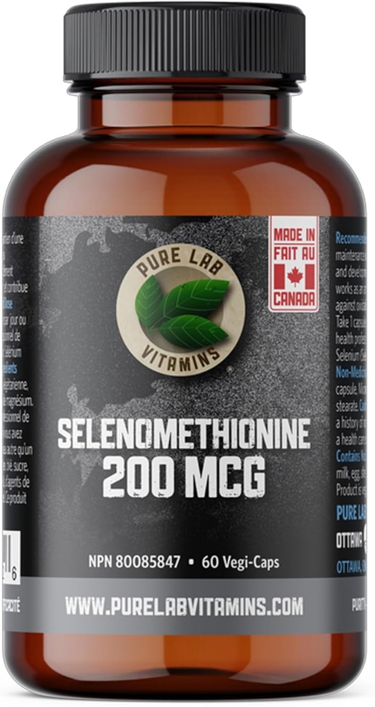 Selenium 200mcg Supplement - Selenometionin - 60 v-kapsler av ren lab vitaminer - Glutenfri laget i Canada.