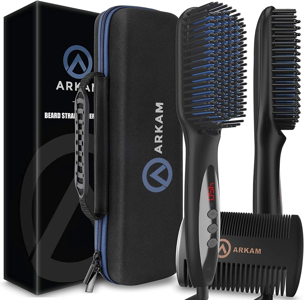 Arkam Skjegg Straightener for menn -Premium Heated Skjegg Børste Kit w/Anti-Scald Feature, Dual Action Hair Comb og Hard Shell reise saken for medium til lange Skjegg - Kostume og Grooming Gaver for menn