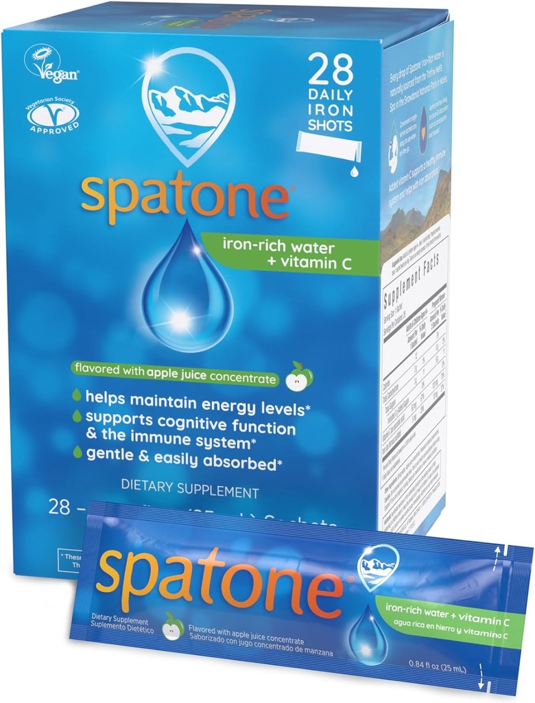 Spatone naturlig flytende jerntilskudd Plus VIT C for kvinner - menn og barn alder 4+ - Ideell under svangerskapet - lett absorbert & gentle - Vegan - Apple Flavor - 28-dagers - 5 mg jern per 20ml Sachet
