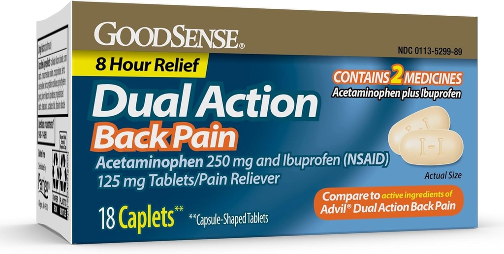 GoodSense Dual Action Acetaminophen og Ibuprofen (NSAID) tabletter, 250 mg/125 mg, ryggsmerter, 18 greve